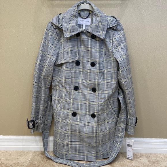 BCBGeneration Grey and Yellow Plaid Trench Coat. Size Small. NWT - Picture 2 of 11